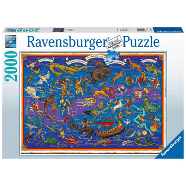 Ravensburger adult puzzle featuring a detailed star constellations map with bright, colorful celestial patterns on a dark background.