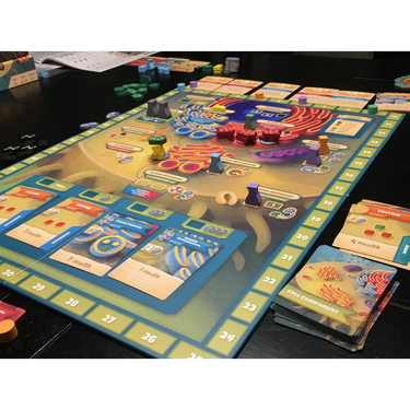 Cytosis cell biology strategy game box by Genius Games featuring colorful illustrations of cellular components and game tokens.