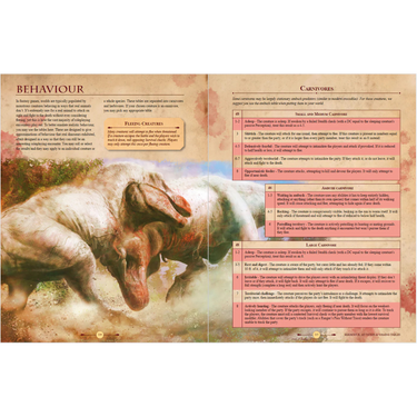 Illustration of pages from Dr. Dhrolin's Dictionary of Dinosaurs, a D&D-compatible RPG book by Palaeo Games Ltd.