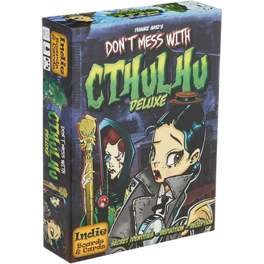 Don't Mess with Cthulhu Deluxe party game box with colorful artwork, featuring indie board game branding and game components.