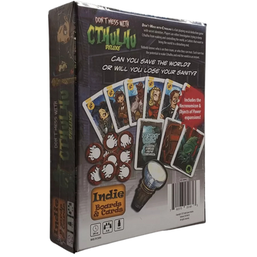 Don't Mess with Cthulhu Deluxe party game box by Indie Boards & Cards, featuring colorful artwork and game components.