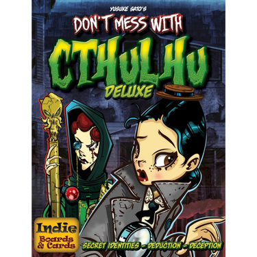 Don't Mess with Cthulhu Deluxe party game box by Indie Boards & Cards, featuring colorful artwork and game components.