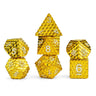 FanRoll D&D Dragon Scale metal dice set in gold with intricate dragon scale pattern for tabletop gaming.