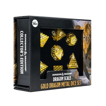 FanRoll D&D Dragon Scale metal dice set in gold with six-sided and polyhedral dice for tabletop gaming.