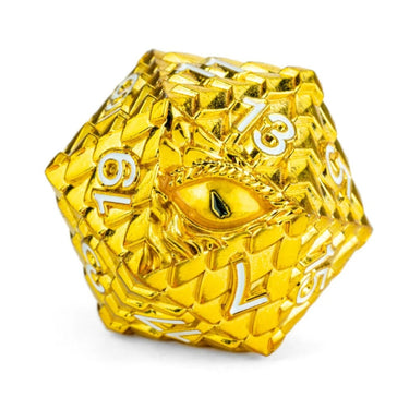 Gold metal D&D Dragon Scale dice set by FanRoll, featuring intricately designed polyhedral dice for tabletop gaming.