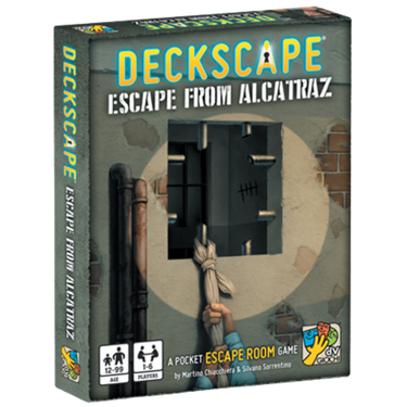 Deckscape: Escape from Alcatraz adventure game by dV Giochi, featuring a deck of game cards and thematic artwork.