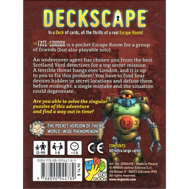 Deckscape: The Fate of London adventure game deck by dV Giochi featuring illustrated cards and game components.