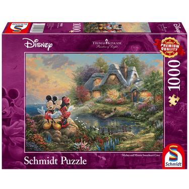 Adult puzzle featuring Thomas Kinkade's Disney Mickey Mouse artwork from Schmidt, showcasing a colorful and detailed illustration.