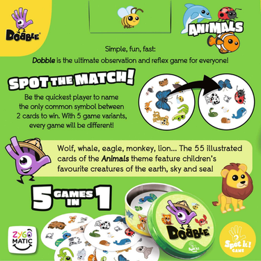 Children's game Dobble Animals by Zygomatic featuring colorful animal illustrations and game components on a table.