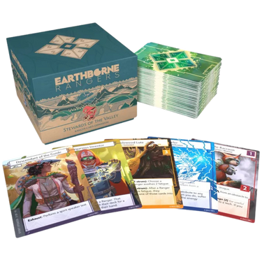 Earthborne Rangers: Stewards of the Valley adventure game box with vibrant artwork and game components by Earthborne Games