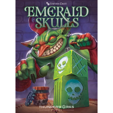 Emerald Skulls strategy game box by Thunderworks Games featuring colorful skull illustrations and game components.