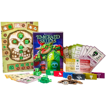 Emerald Skulls strategy game by Thunderworks Games featuring vibrant green skull tokens and game components on a playing surface.