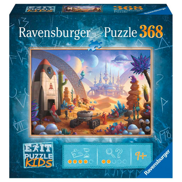 Ravensburger EXIT Puzzle Kids: The Space Mission, a colorful children's puzzle featuring space-themed images and interactive elements.