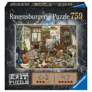 Ravensburger EXIT Puzzle: The Artist's Studio featuring a detailed illustration of an artist’s workspace with paints, brushes, and art supplies.