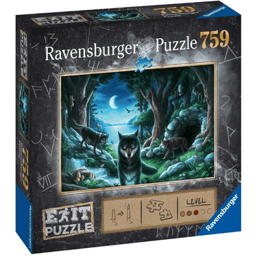 Ravensburger EXIT Puzzle: Wolf Stories for adults, featuring a detailed wolf-themed puzzle design on a flat surface.