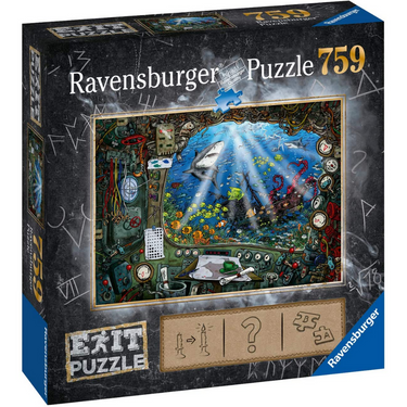Ravensburger EXIT Puzzle: In The Submarine for adults, featuring detailed submarine scene with puzzle pieces and thematic design.