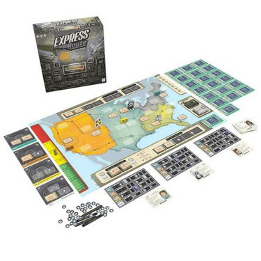 Strategy game box titled "Express Route: Deliver the Future" by The Op Games, featuring futuristic transportation and delivery themes.