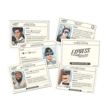 Strategic board game "Express Route: Deliver the Future" by The Op Games featuring colorful game components and futuristic design.