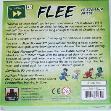 Family game Fast Forward: FLEE by Stronghold Games featuring colorful game components on a table.