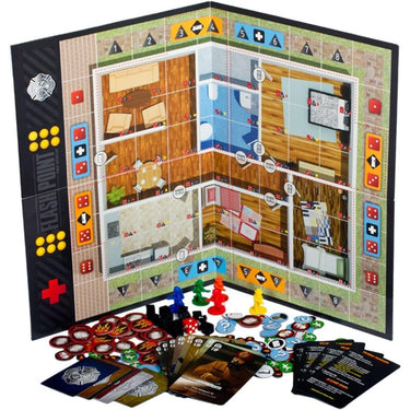 Family game box for Flash Point: Fire Rescue by Indie Boards & Cards, showing colorful game components and firefighting scene.