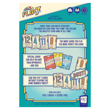 Family game Flip 7 Deluxe by The Op Games featuring colorful cards and game setup on a wooden table.