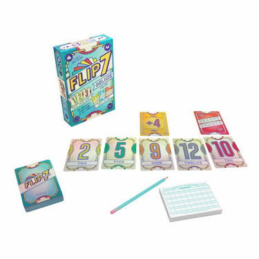 Flip 7 Deluxe family game by The Op Games, featuring colorful cards and game components for family fun.