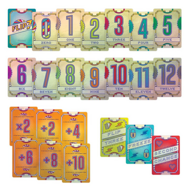 Family game Flip 7 Deluxe by The Op Games featuring colorful tiles and game components on a table.