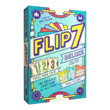 Flip 7 Deluxe family game by The Op Games, featuring colorful cards and game components on a game table.