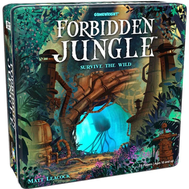 Family game Forbidden Jungle by Gamewright featuring colorful jungle-themed game pieces and vibrant game board layout.