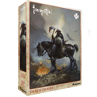 Adult puzzle featuring Frank Frazetta's Death Dealer artwork by River Horse Games, showing a fierce warrior in dark armor with a sword.