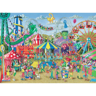 Ravensburger children's 300-piece Fun at The Carnival puzzle showing colorful carnival scene with rides and fun activities.