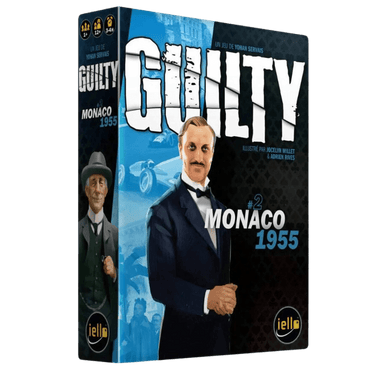 Guilty: Monaco 1955 strategy game box by IELLO, featuring colorful artwork and game components on a tabletop.