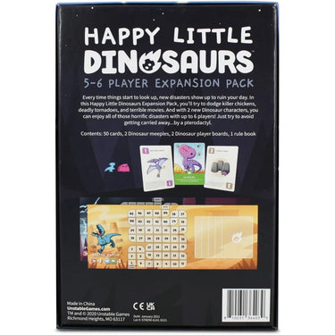 Happy Little Dinosaurs 5-6 Player Expansion for Unstable Games party game, showing colorful dinosaur cards and game components.