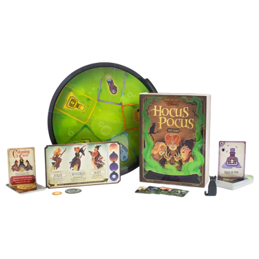 Disney Hocus Pocus: The Game by Ravensburger, children’s game with colorful Hocus Pocus-themed game pieces and board.