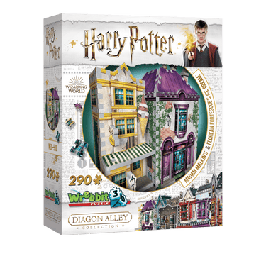 Wrebbit 3D Harry Potter puzzle featuring Madam Malkin’s shop and Florean Fortescue’s Ice Cream shop with detailed miniature scenes.