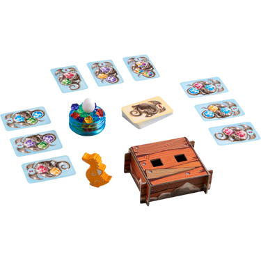 Children's game Hatching by HABA featuring colorful dragon eggs and playful hatchlings in a vibrant game setup.