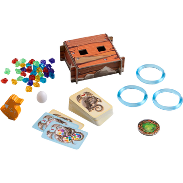 HABA Dragon's Breath: The Hatching children's game featuring colorful dragon eggs and game pieces on a playful background.