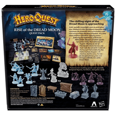 HeroQuest Rise of The Dread Moon adventure game box with artwork and game components by Avalon Hill Games.