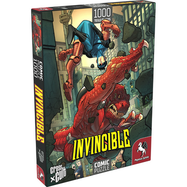 Adult puzzle featuring Invincible vs. Dinosaurus from Pegasus, with colorful comic-style artwork and detailed dinosaur and superhero imagery.