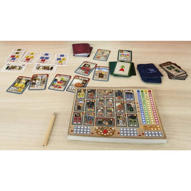Family game Istanbul: Choose & Write by Pegasus Spiele featuring colorful game components and a game board with tokens.