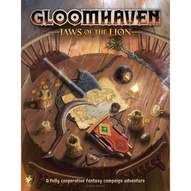 Strategic board game Gloomhaven: Jaws of the Lion by Cephalofair Games, featuring colorful game box and components.
