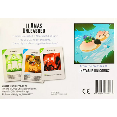 Llamas Unleashed party game by Unstable Games featuring colorful llama illustrations and game components on a table.