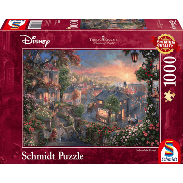 Adult puzzle featuring Thomas Kinkade's Lady and the Tramp artwork by Schmidt, with a colorful, detailed image of the beloved Disney scene.