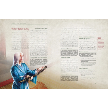 Legend of the Five Rings RPG: Courts of Stone book cover featuring traditional Japanese art and Dragon Clan symbols.