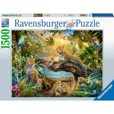 Ravensburger adult puzzle depicting leopards in a lush jungle scene with vibrant greenery and wild animals.