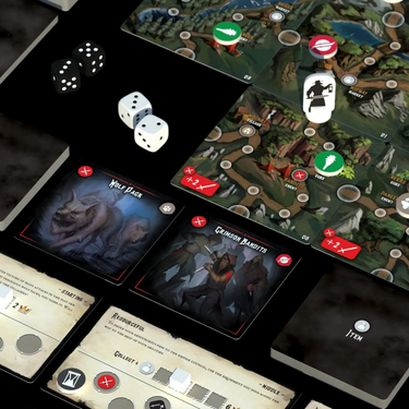 Strategic board game "Light in the Dark" by Archona Games featuring dark-themed artwork and game components on a table.