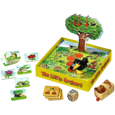 Children's game box for The Little Orchard by HABA, featuring colorful illustrations of fruit and game components.