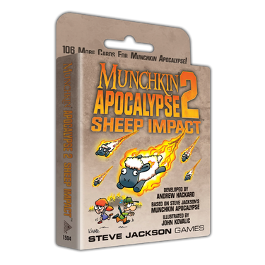 Family game box for Munchkin Apocalypse 2: Sheep Impact by Steve Jackson Games featuring colorful artwork and game components.