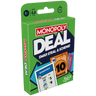 Hasbro Monopoly Deal family card game with colorful cards spread out on a surface, featuring property and action cards.