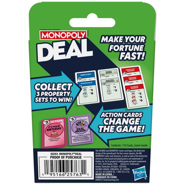 Hasbro Monopoly Deal family card game deck with colorful cards spread out on a table.